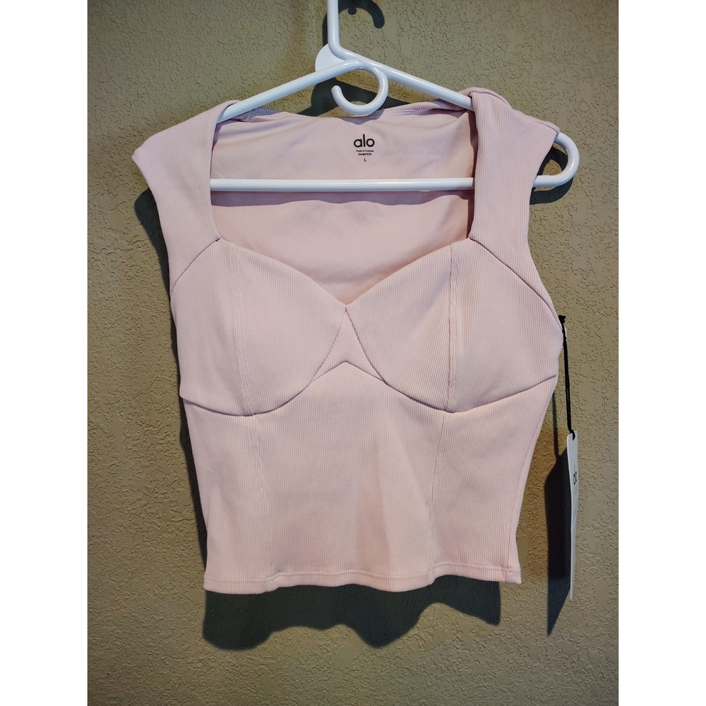Alo Yoga Womens Ribbed Sweetheart Short Sleeve Pink Sugar Crop Top Large NWT